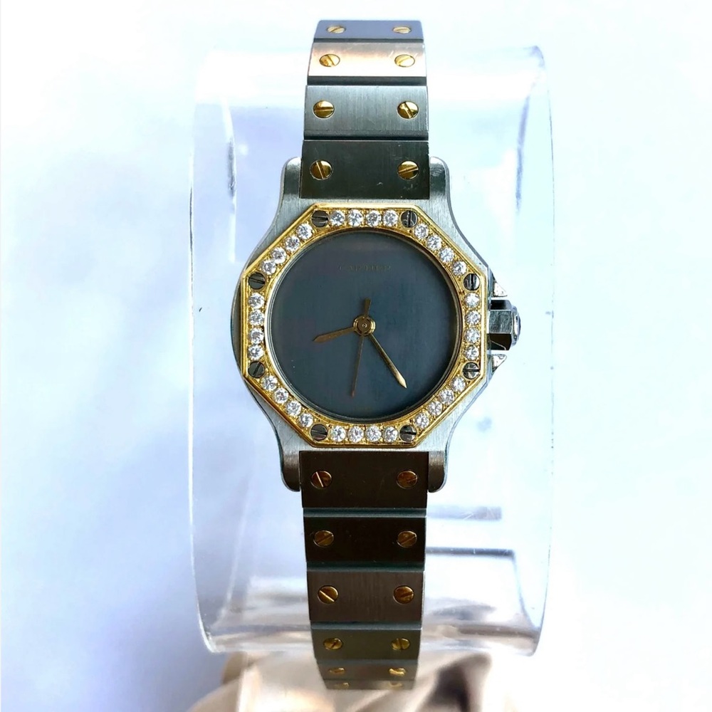 CARTIER SANTOS OCTAGON 25mm Automatic 2 Tone 0.40TCW DIAMOND Watch Ghost Dial